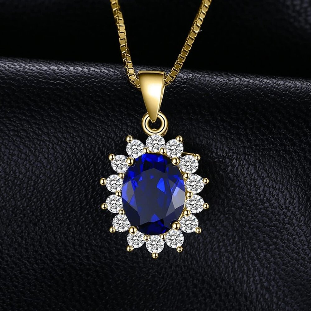 👑 Princess Diana 2.6ct Blue Sapphire Pendant - 14k Gold Plated - Picture 2 of 6